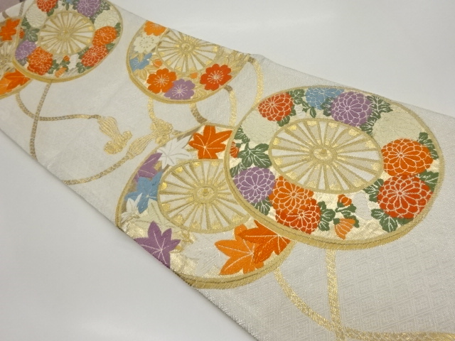 佐賀錦源氏車に紅葉・菊・桜模様織出し袋帯